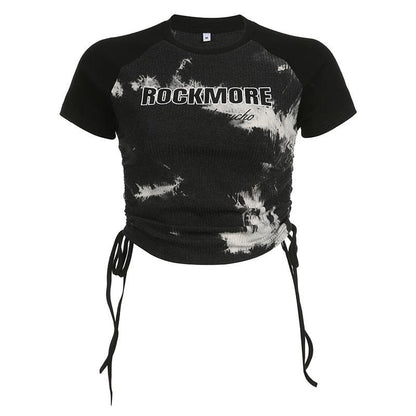 Drawstring tie dye short sleeve patchwork contrast crop top