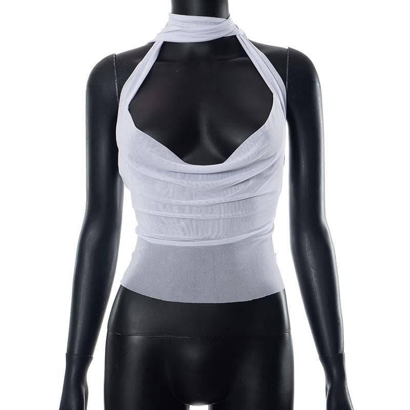 Sheer mesh see through solid cross front cowl neck 3-way top