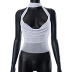 Sheer mesh see through solid cross front cowl neck 3-way top