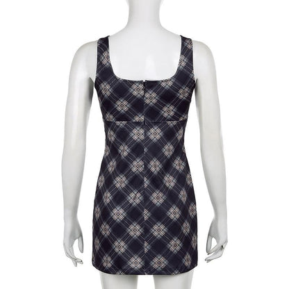Plaid contrast square neck slit zip-up sleeveless mini dress