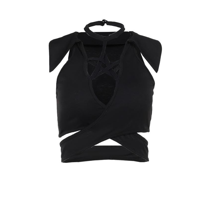 Top corto senza maniche con collo a V e scollo all'americana traforato 
