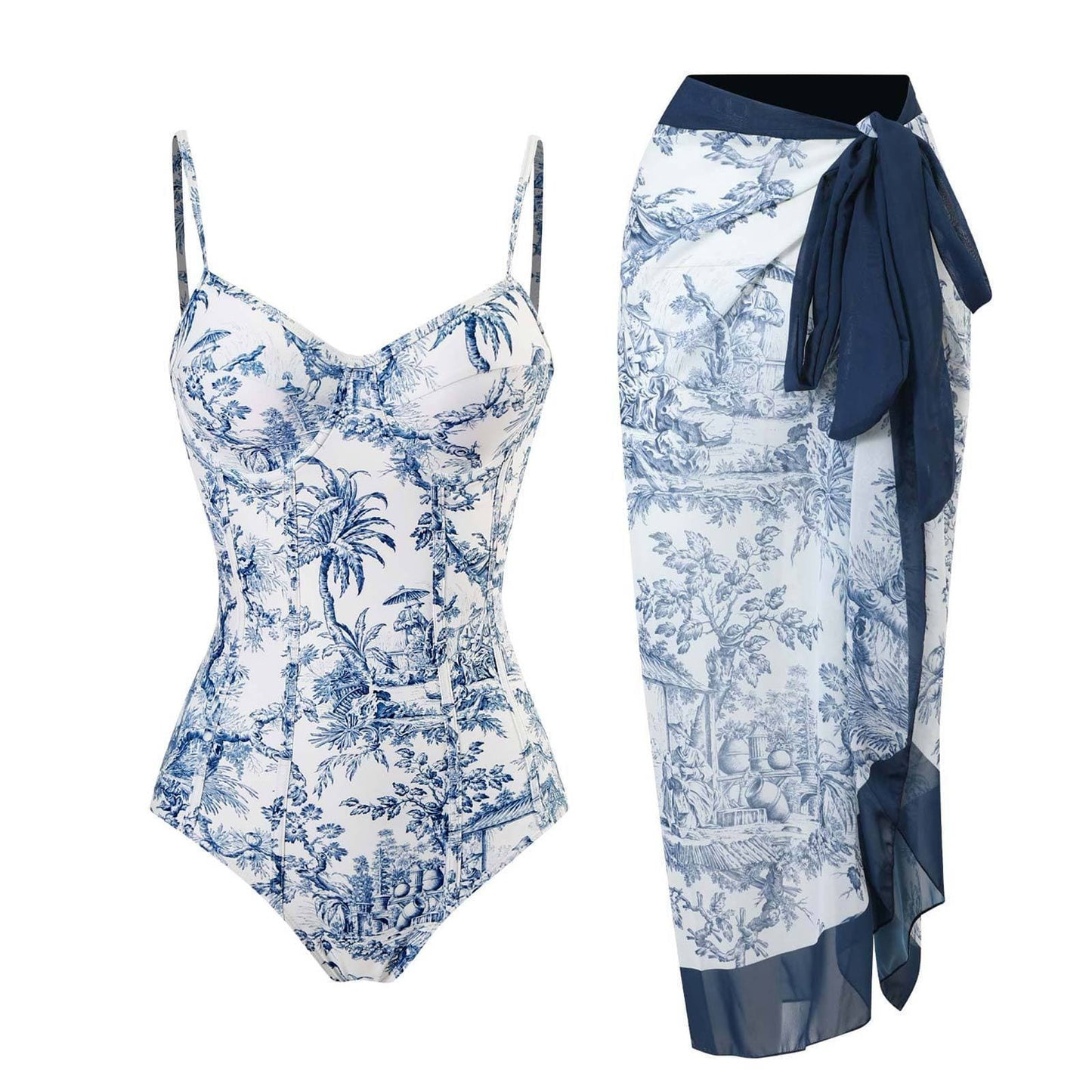 Contrast print v neck backless cami one piece swimwear with beach skirt