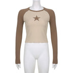 Star patchwork contrast ribbed crewneck long sleeve top