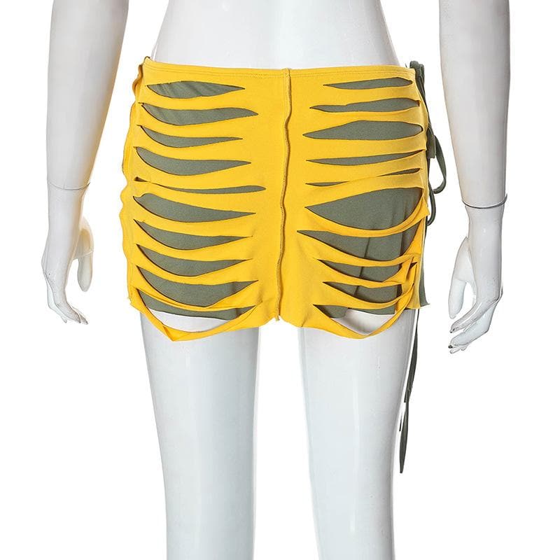 Contrast low cut hollow out self tie irregular mini skirt