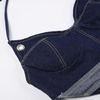 Stitch contrast buckle v neck halter lace up backless denim crop top