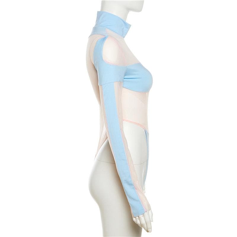 Body a collo alto e maniche lunghe in rete con patchwork a contrasto 
