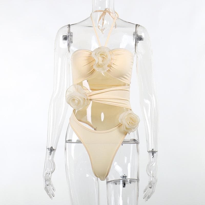 Bodysuit con scollo all'americana, schiena scoperta, arricciato e applicazioni di fiori traforati