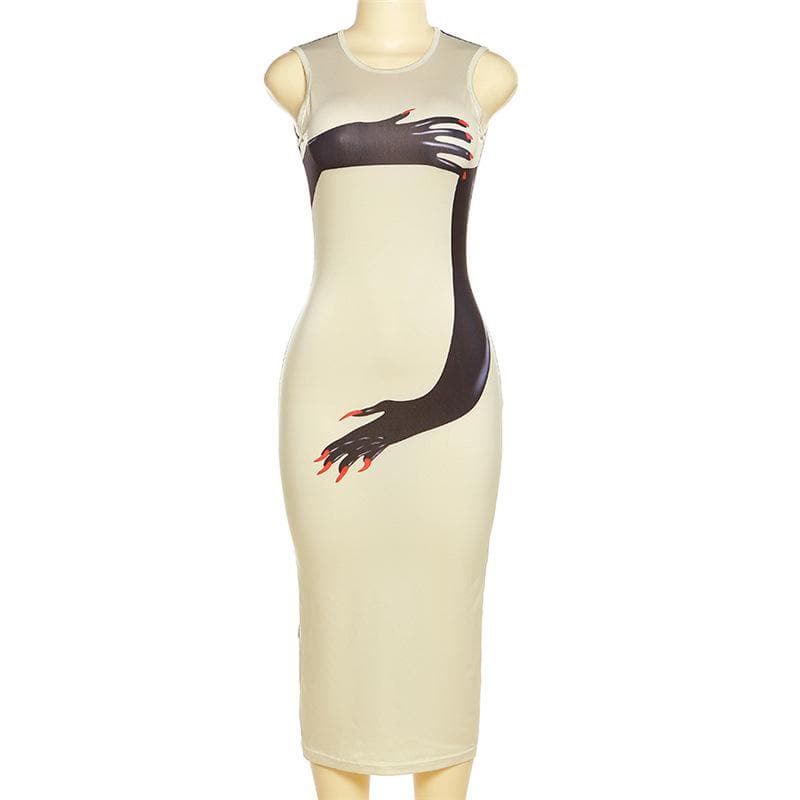 Arm pattern contrast sleeveless crewneck midi dress