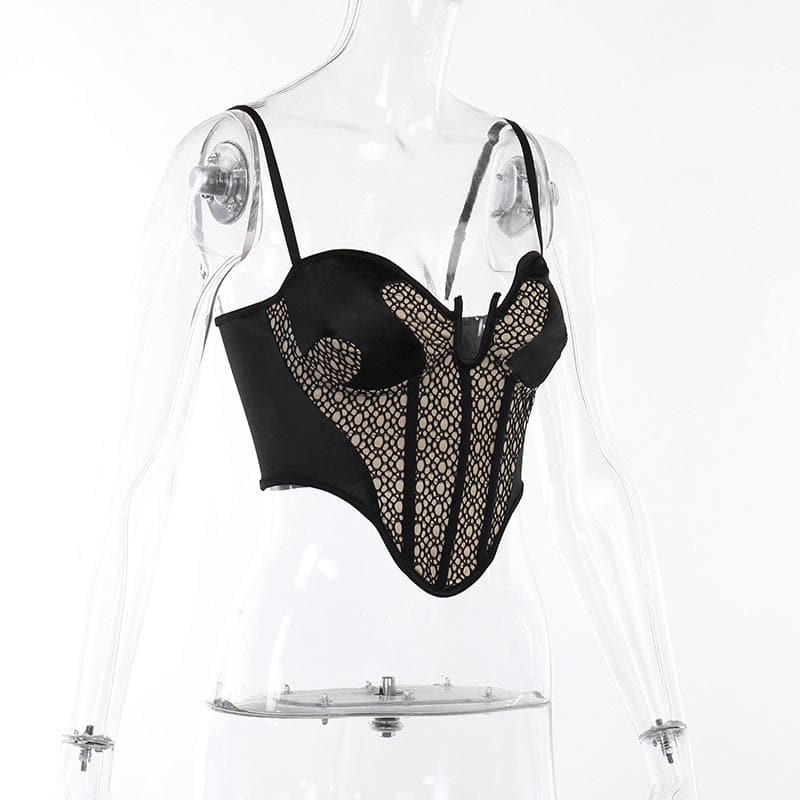 Textured contrast notch neck patchwork backless cami crop top