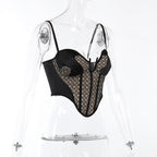 Textured contrast notch neck patchwork backless cami crop top