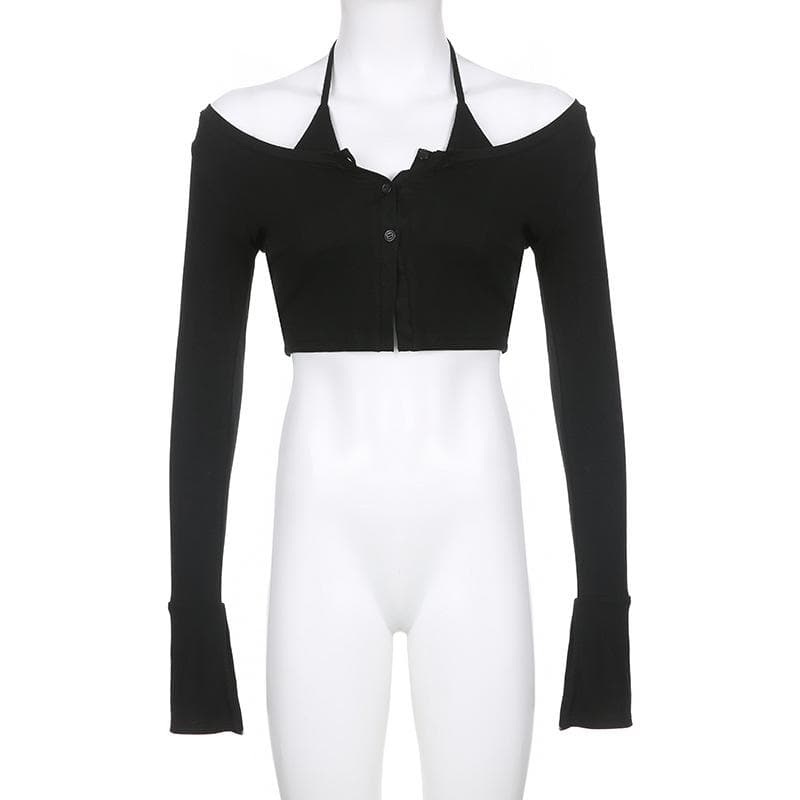Halter self tie flared sleeve button solid 2 piece crop top