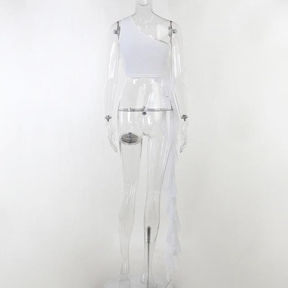 Crop Top mit One-Shoulder-Träger, Rüschenband und Blumenapplikation 