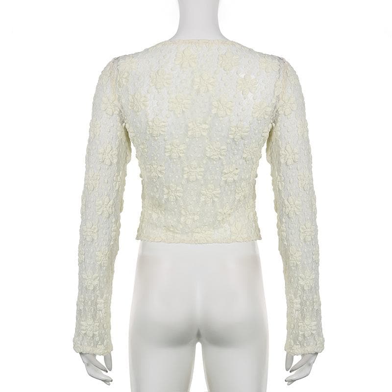Lace solid long sleeve self tie see through top