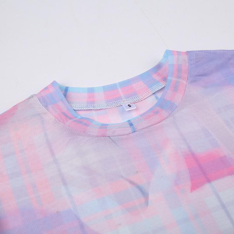 Short sleeve plaid sheer mesh see through rabbit pattern ruffle top