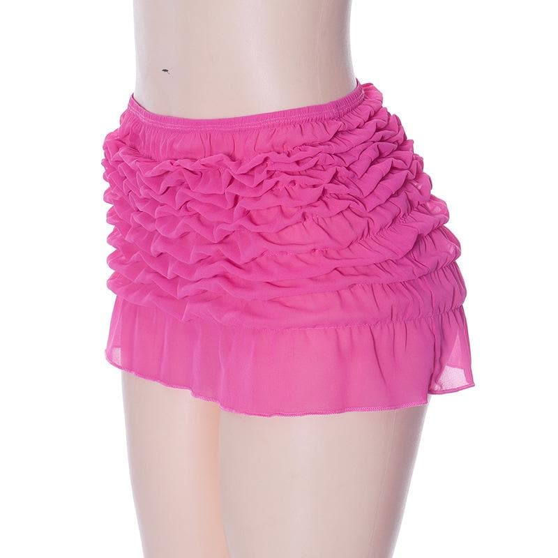 Minigonna in chiffon con volant e arricciatura a tinta unita 