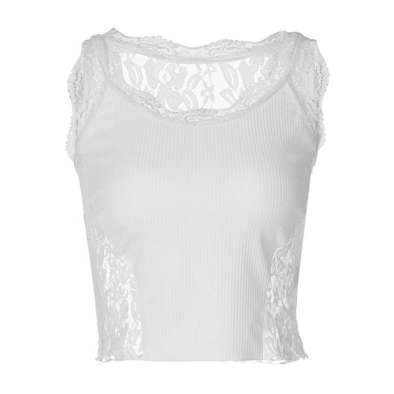 Top corto in pizzo senza maniche con scollo a U e patchwork in tinta unita 