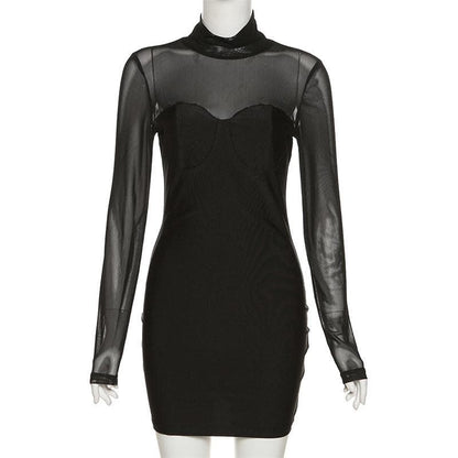 Langärmliges Minikleid mit Rollkragen und Patchwork aus massivem Netzstoff