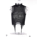 Sheer mesh see through beaded high neck crop top