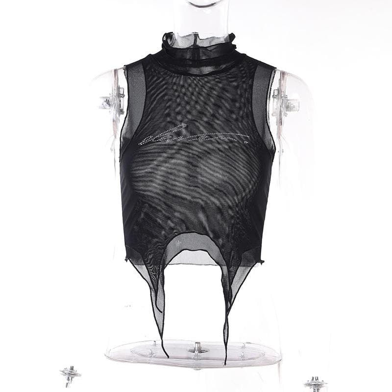 Sheer mesh see through beaded high neck crop top