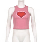 Sleeveless crewneck ribbed heart pattern contrast top