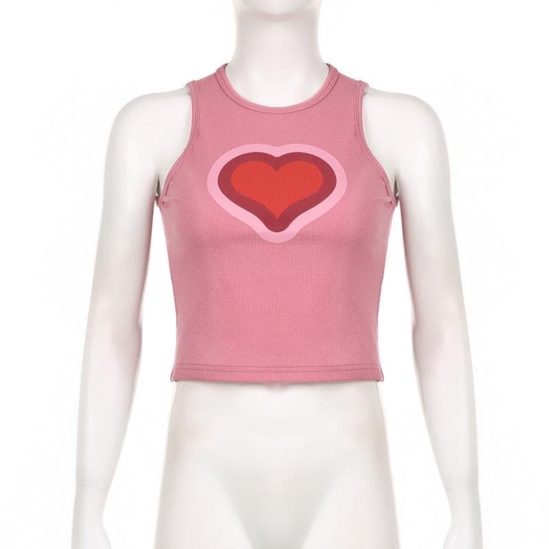 Sleeveless crewneck ribbed heart pattern contrast top