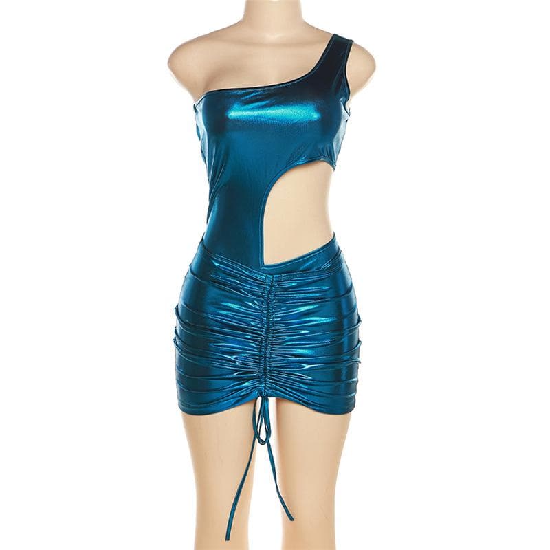 Metallic one shoulder hollow out irregular drawstring bodysuit mini skirt set