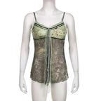 Lace hem patchwork v neck tie dye contrast mesh backless cami top