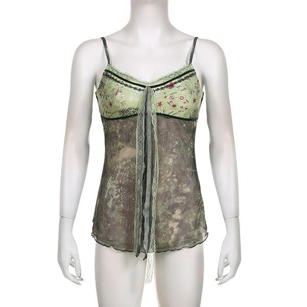 Lace hem patchwork v neck tie dye contrast mesh backless cami top