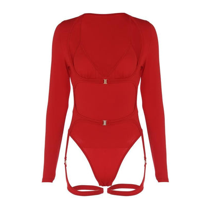 Long sleeve v neck hollow out buckle solid bodysuit