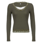 Long sleeve patchwork ribbed lace hem top - Final Sale