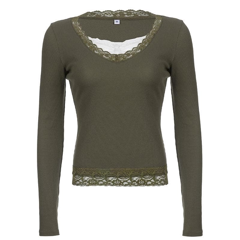 Long sleeve patchwork ribbed lace hem top - Final Sale