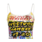 Letter print contrast u neck backless cami crop top