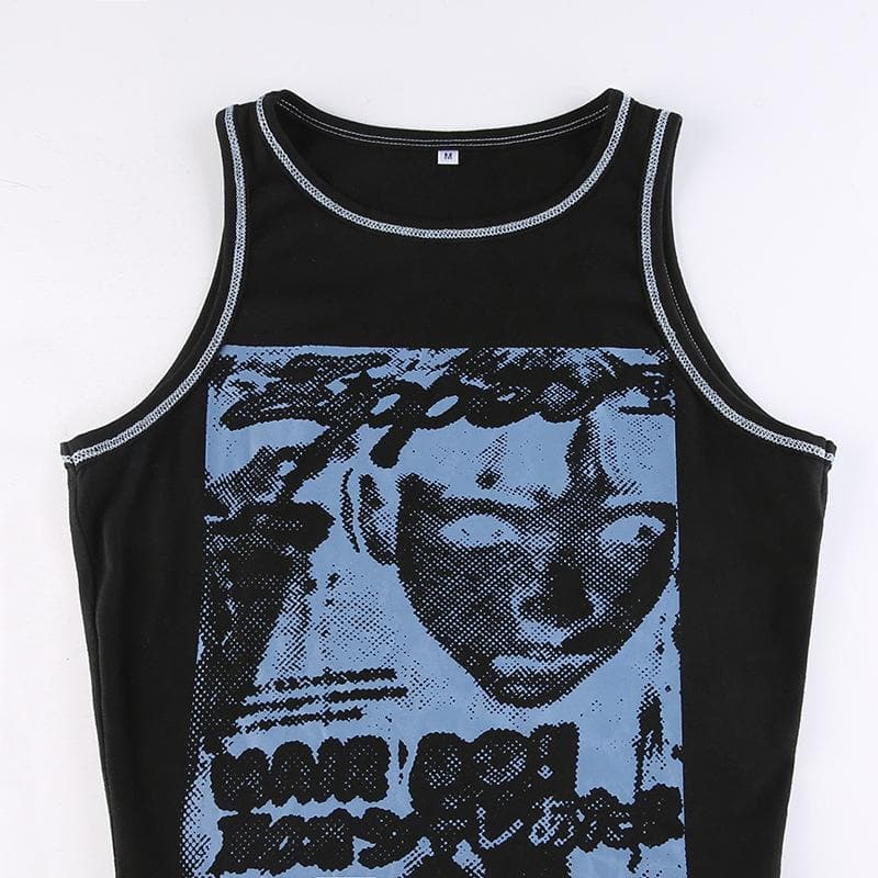 Crewneck sleeveless abstract contrast stitch crop top