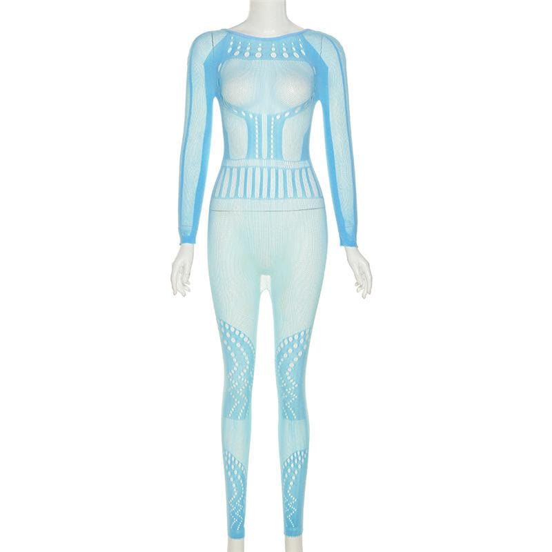 Fishnet long sleeve hollow out backless solid see through jumpsuit