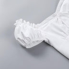 Smocked puff sleeve solid ruffle slit backless crop top