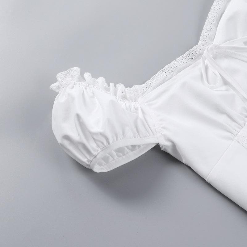 Smocked puff sleeve solid ruffle slit backless crop top