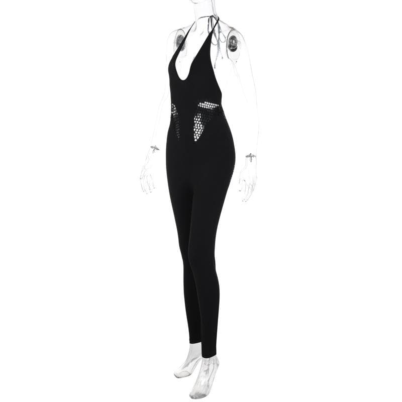 Ausgehöhlter, einfarbiger, rückenfreier Jumpsuit mit U-Ausschnitt zum Selbstbinden 