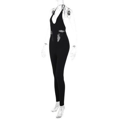 Hollow out solid u neck self tie backless jumpsuit