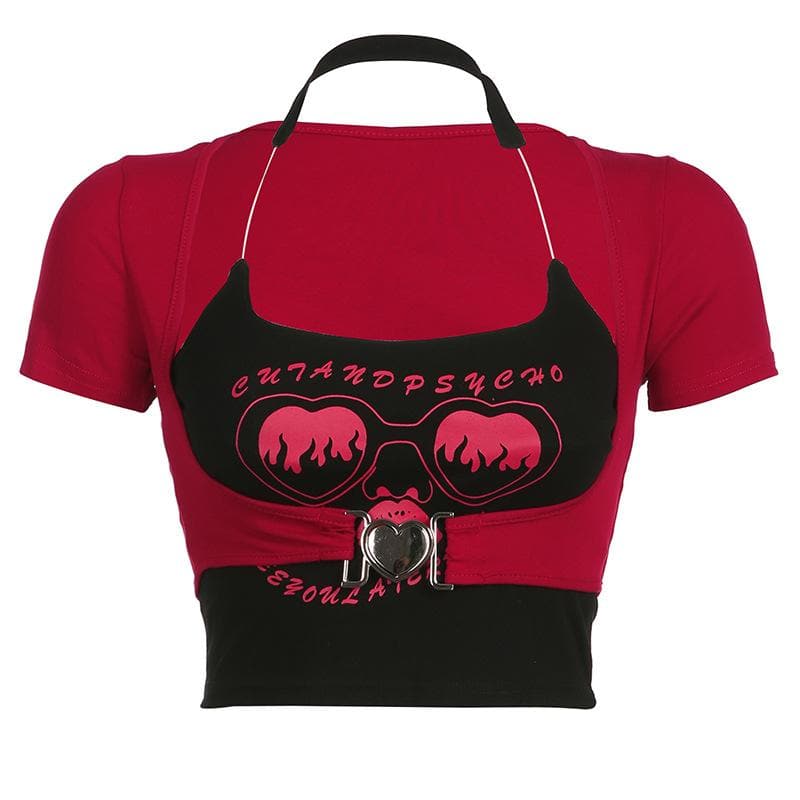 Buckle abstract contrast halter short sleeve 2 piece crop top
