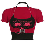 Buckle abstract contrast halter short sleeve 2 piece crop top