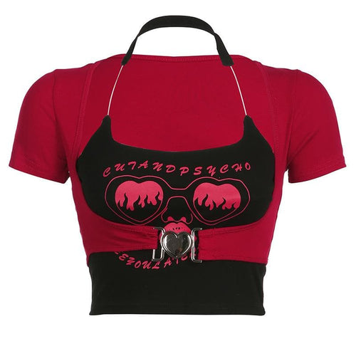 Zweiteiliges Crop-Top mit Neckholder und kurzen Ärmeln und Schnalle in abstraktem Kontrast 