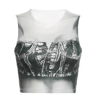 Denim print contrast sleeveless crewneck crop top
