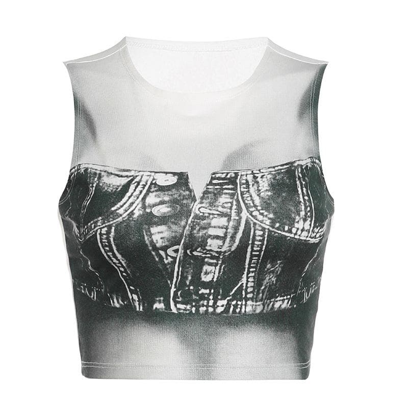 Denim print contrast sleeveless crewneck crop top
