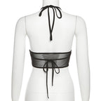 Skull beaded contrast mesh halter v neck self tie backless crop top