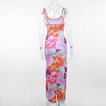 Rückenfreies Maxikleid mit Camisole-Ausschnitt und Blumenmuster in Kontrastfarbe 
