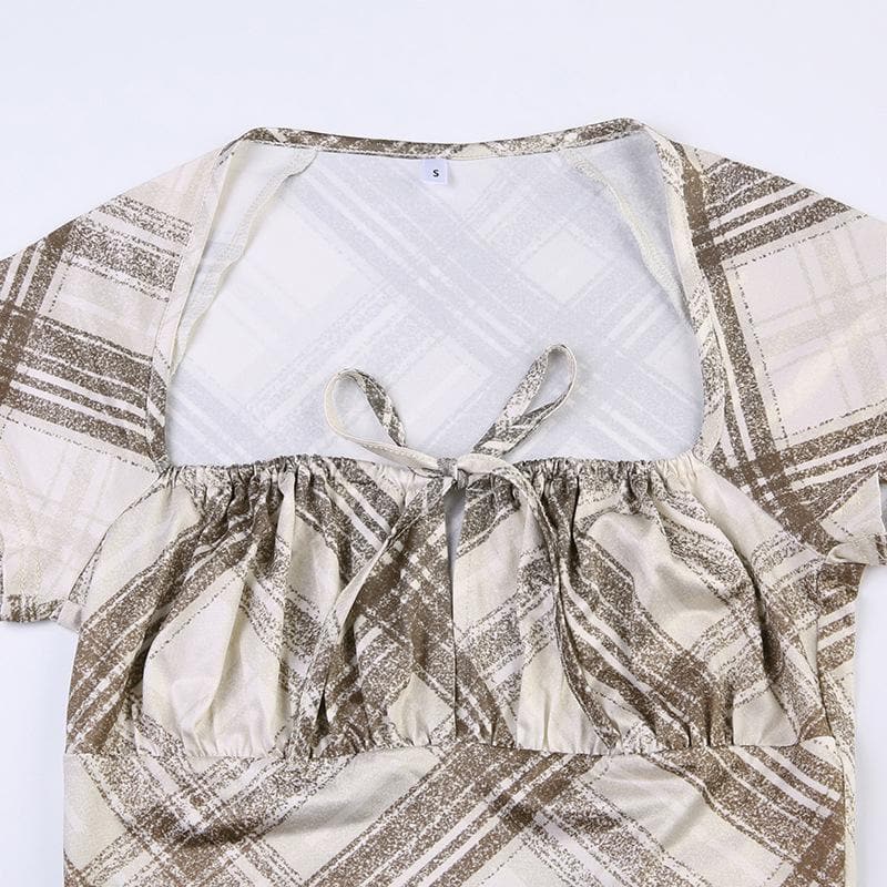 Cap sleeve contrast plaid ruched square neck crop top