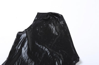 Irregular one shoulder metallic solid zip-up romper