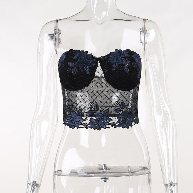 Backless contrast lace embroidery tube crop top