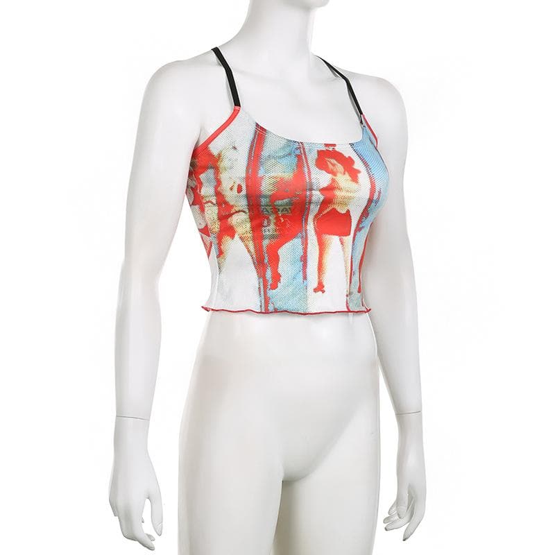 Cross back contrast u neck abstract backless crop top