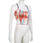 Cross back contrast u neck abstract backless crop top